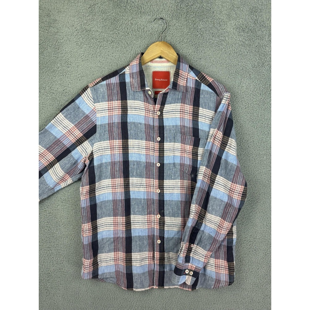 Tommy Bahama Shirt Mens Medium Blue Red Plaid Linen Button Down Long Sleeve Mens